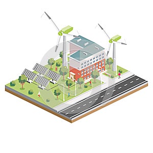 Isometric Solar Panels with Wind Turbine. Green Eco Friendly House. Infographic Element