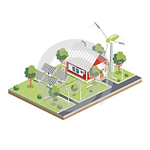 Isometric Solar Panels with Wind Turbine in Suburb. Green Eco Friendly House