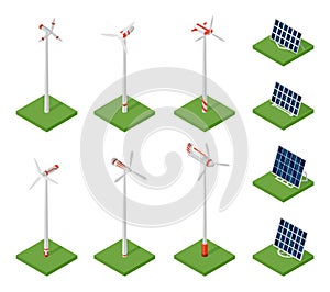 Isometric solar panels and wind turbines. Concept of clean energy. Clean ecological power. Eco renewable electric energy