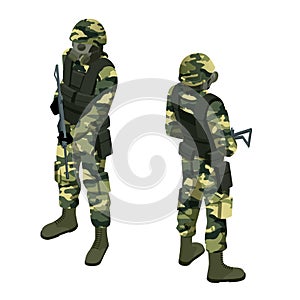 Isometric a soldier in a gas mask and with a gun isolated on white. Protection against chemical or bacterial