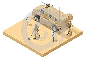 Isometric Soldiers Mine. Military landmine clearing equipment. Special force crew. Military concept for army, soldiers