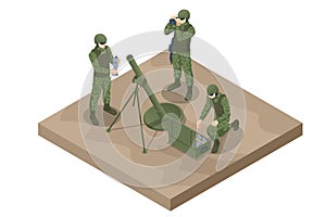 Isometric Soldiers mortar crew. Mortar gun. Special force crew. Mortar Team firing, Army Soldiers. Military concept for