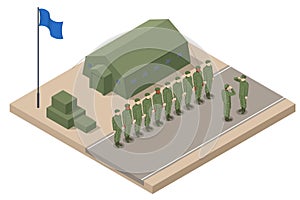 Isometric Soldiers standing in line at camp. Special force crew. Military concept for army, soldiers and war.