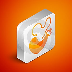 Isometric Spanish wineskin icon isolated on orange background. Silver square button. Vector photo