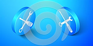 Isometric Spanner and screwdriver tools icon isolated on blue background. Service tool symbol. Blue circle button