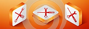 Isometric Spanner and screwdriver tools icon isolated on orange background. Service tool symbol. Orange square button