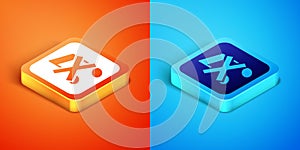 Isometric Speaker mute icon isolated on orange and blue background. No sound icon. Volume Off symbol. Vector