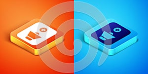 Isometric Speaker volume, audio voice sound symbol, media music icon isolated on orange and blue background. Vector