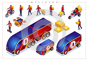 Isometric special delivery vehicles and couriers icon, set  on isolated background