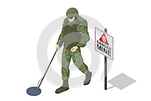 Isometric Special Forces Soldier Police, Swat Team Member. Isometric Soldiers Mine. Military landmine clearing equipment