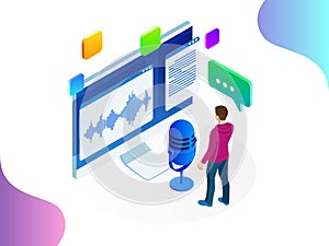 Isometric speech recognition, intelligent personal assistant created concept. Voice recognition vector illustration
