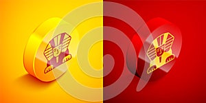 Isometric Sphinx - mythical creature of ancient Egypt icon isolated on orange and red background. Circle button. Vector