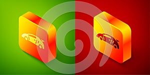 Isometric Sport racing car icon isolated on green and red background. Square button. Vector