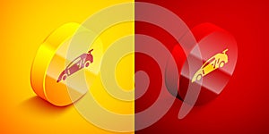 Isometric Sport racing car icon isolated on orange and red background. Circle button. Vector