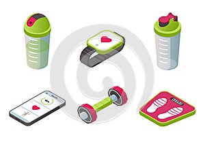 Isometric sport wearable accessories icons set