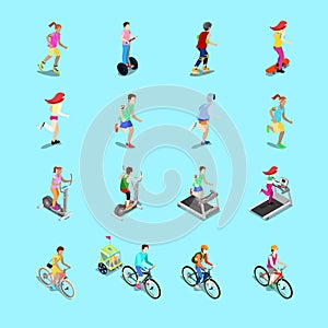 Isometric Sporting People Set. Running People, Cyclist on Bicycle, Woman Fitness, Woman on Skateboard