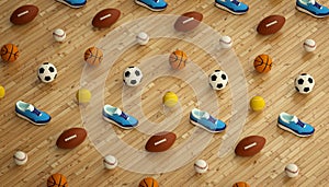 Isometric sports fitness background made of soccer, football, tennis, baseball balls and colorful running sneakers. 3d