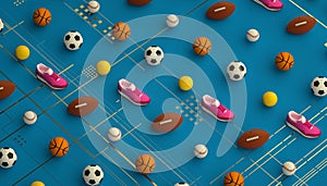Isometric sports fitness background made of soccer, football, tennis, baseball balls and colorful running sneakers. 3d
