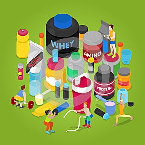 Isometric Sports Nutririon Elements with Supplements, Protein Bottle, Pills, Vitamins, Whey. People in Gym