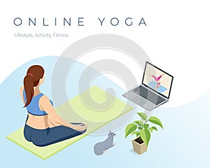 Isometric sporty young woman doing yoga practice. Fitness instructor taking online yoga classes over a video call in