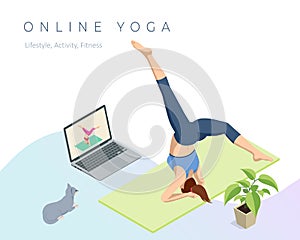 Isometric sporty young woman doing yoga practice. Fitness instructor taking online yoga classes over a video call in