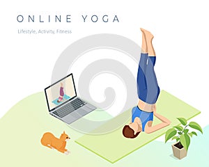 Isometric sporty young woman doing yoga practice. Fitness instructor taking online yoga classes over a video call in