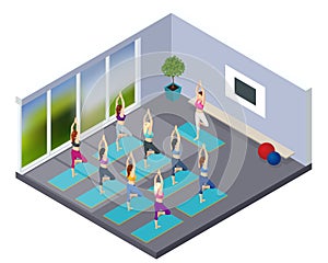 Isometric sporty young woman doing yoga practice. Fitness instructor taking online yoga classes over a video call in