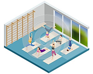 Isometric sporty young women doing yoga. Yoga Practice Exercise Class. Fitness instructor taking online yoga classes