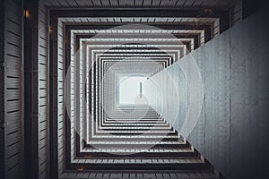 Isometric square bottom view from inside building. Architecture art, design abstract background, or construction industry concept photo