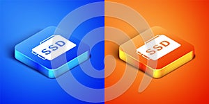 Isometric SSD card icon isolated on blue and orange background. Solid state drive sign. Storage disk symbol. Square