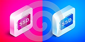 Isometric SSD card icon isolated on pink and blue background. Solid state drive sign. Storage disk symbol. Silver square