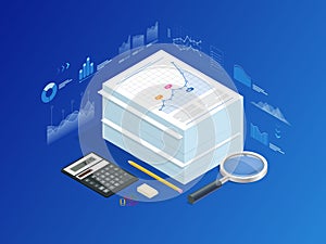 Isometric stack of documents with an official stamp and pencils in a glass. A method for working in the office