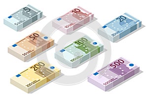 Isometric stacks of Banknotes in denominations of 5,10, 20, 50 , 100, 200 and 500 euros on a white background. European photo
