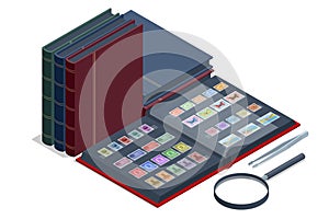 Isometric stamp collecting concept. Old vintage collectible postage stamps albums and magnifying glass. Philately and photo