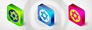 Isometric Star of David icon isolated on grey background. Jewish religion symbol. Symbol of Israel. Square button