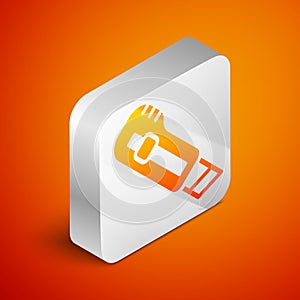 Isometric Stationery knife icon isolated on orange background. Office paper cutter. Silver square button. Vector