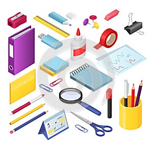 Isometric stationery vector illustration set, cartoon 3d office or school stationery tools supplies, pen or marker