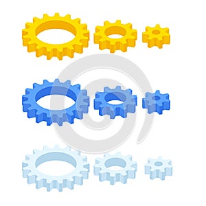 Isometric ste of gears and cogs isolated on white.