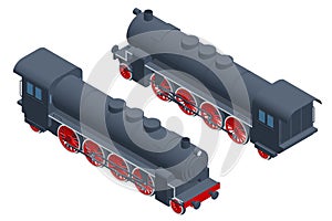 Isometric steam locomotive. Vintage black steam locomotive train on railway.