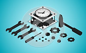 Isometric steampunk retro mechanical clock, alarm clock, vector