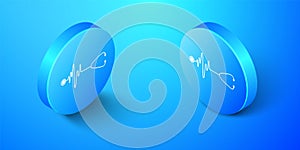 Isometric Stethoscope with a heart beat icon isolated on blue background. Medical concept. Pulse care symbol. Blue