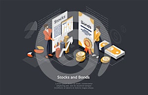 Isometric Stock And Bonds Concept. Business People Man And Woman Forming an Securities Investment Portfolio. Vector