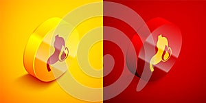 Isometric Stomach heartburn icon isolated on orange and red background. Stomach burn. Gastritis and acid reflux