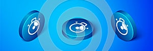 Isometric Stopwatch icon isolated on blue background. Time timer sign. Chronometer sign. Blue circle button. Vector