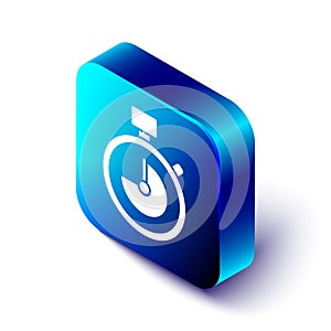Isometric Stopwatch icon isolated on white background. Time timer sign. Chronometer sign. Blue square button. Vector