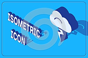 Isometric Storm icon isolated on blue background. Cloud and lightning sign. Weather icon of storm. Vector Illustration