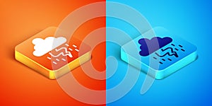 Isometric Storm icon isolated on orange and blue background. Cloud and lightning sign. Weather icon of storm. Vector