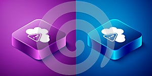 Isometric Storm warning icon isolated on blue and purple background. Exclamation mark in triangle symbol. Weather icon