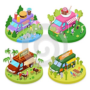 Isometric Street Food Truck Set with Vegeterian Food, Kebab and Ice Cream Cafe