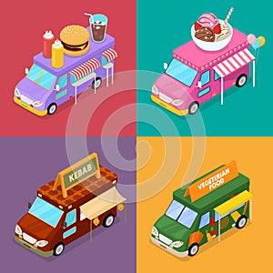 Isometric Street Food Trucks with Vegeterian Food, Burger, Kebab and Ice Cream Cafe